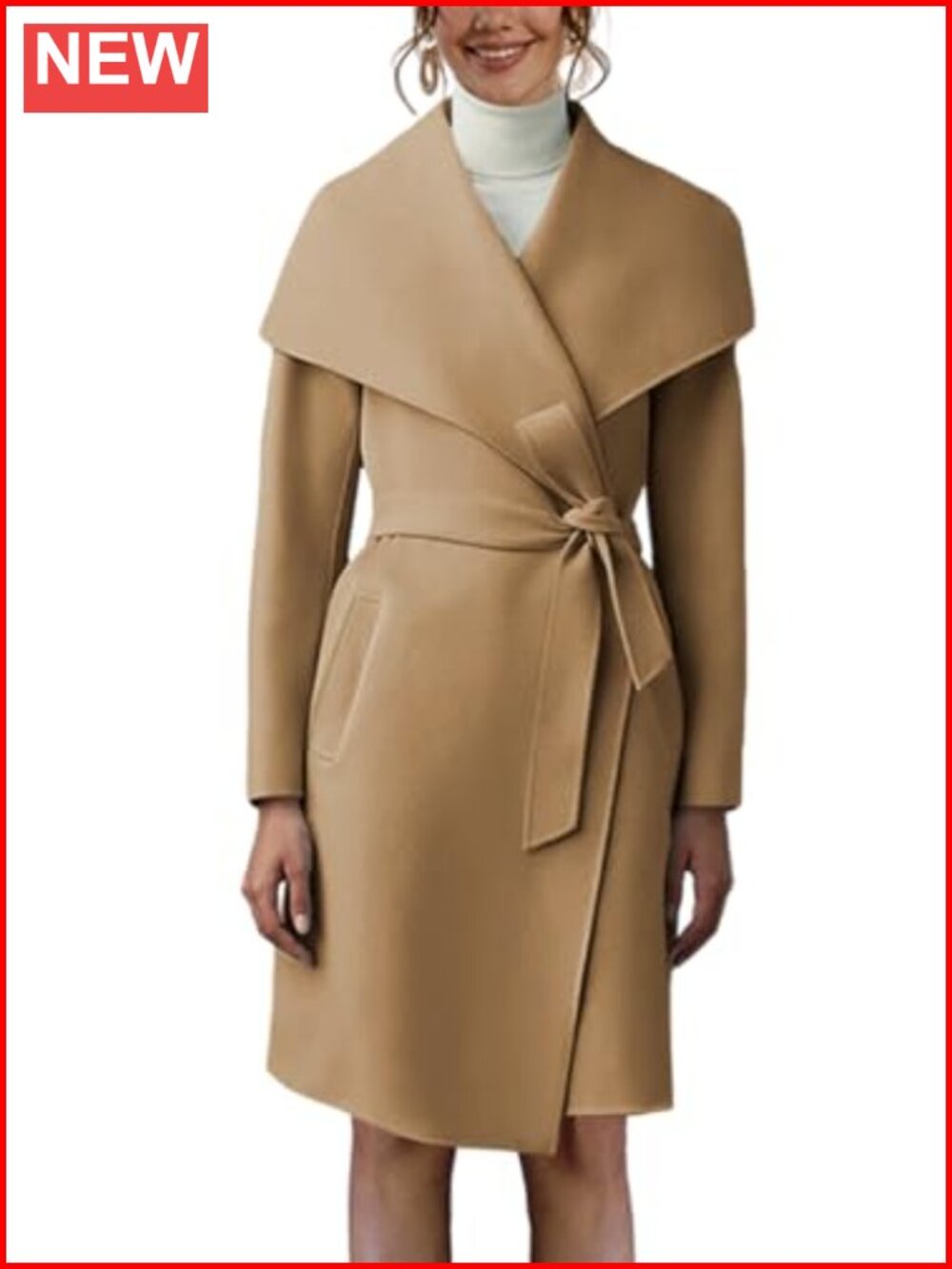 Women's Pea Trench Coat Lapel Collar Long Jacket Open Front Belted Overcoat